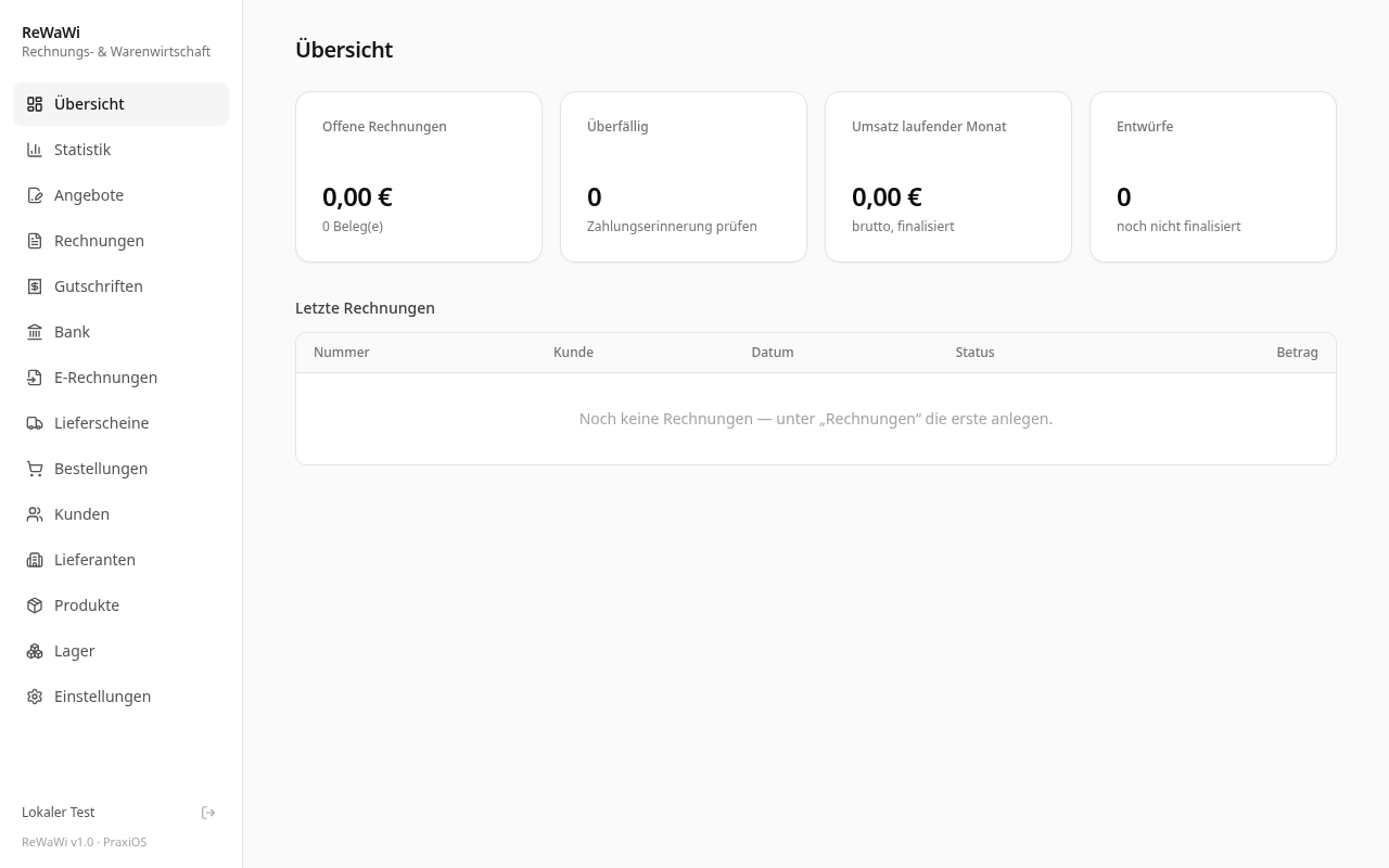 ReWaWi-Dashboard mit Kennzahlen und offenen Belegen