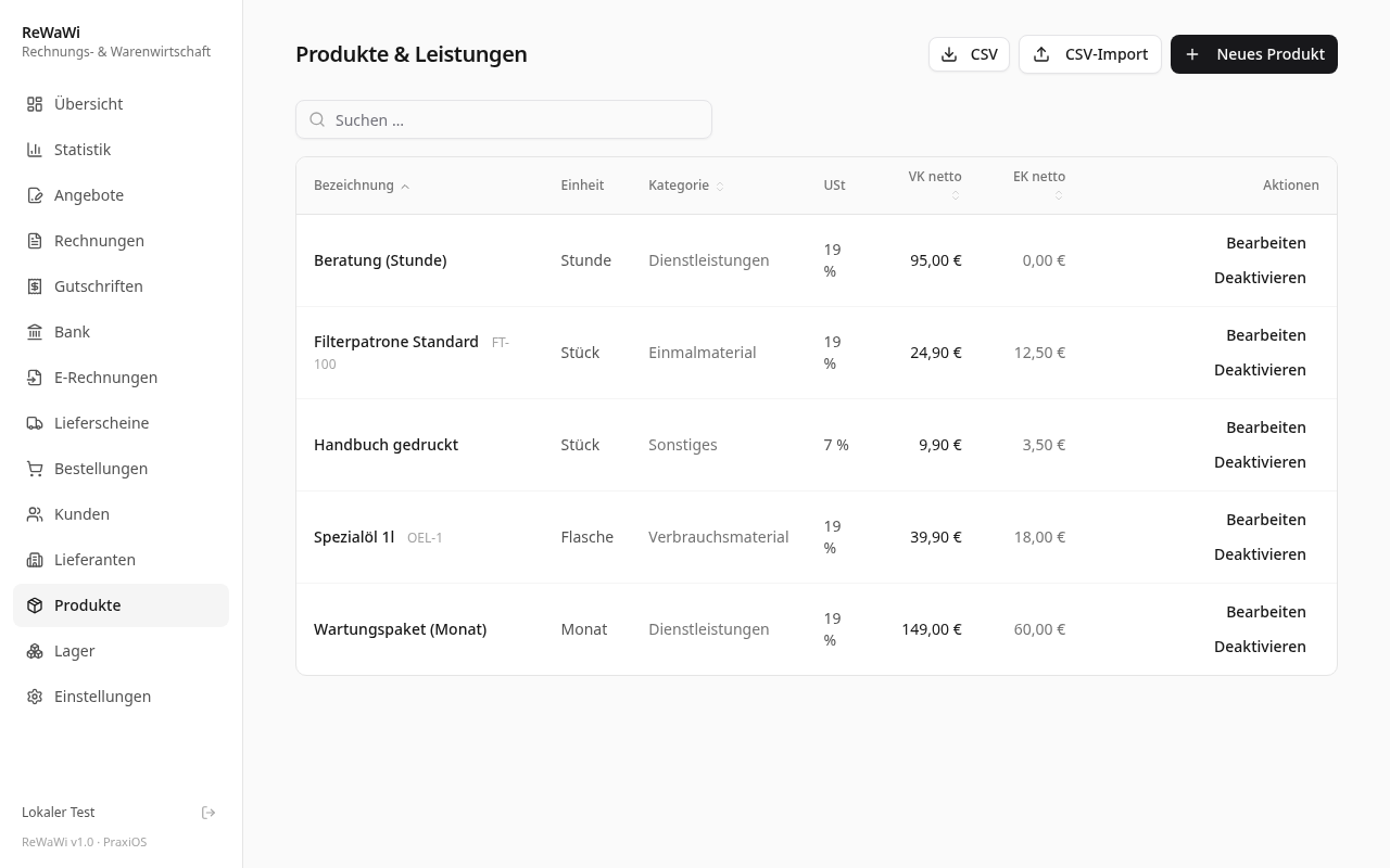 Produktverwaltung in ReWaWi